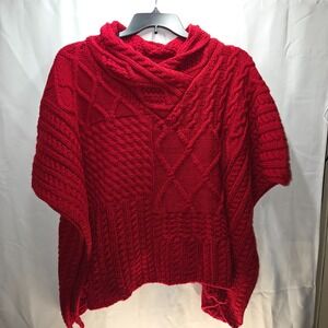 Chic Coco & Carmen Red Cable Knit Poncho Sweater One Size Wrap